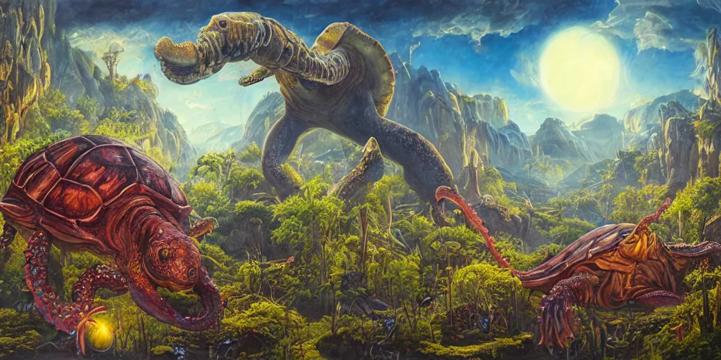 Image similar to fantasy oil painting, great leviathan, cybernetic turtle cephalopod terrapin reptilian pachyderm squid, bella hadid, hybrid, milla jovovich, anubis, epic natural light, lush plants flowers, spectacular mountains, bright clouds, luminous sky, outer worlds, golden hour, michael cheval, edward hopper, michael whelan, vray, hd