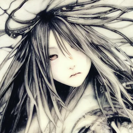 Image similar to Yoshitaka Amano blurred and dreamy illustration of an anime girl with wavy white hair fluttering in the wind and cracks on her face wearing elden ring armour with the cloak, abstract black and white patterns on the background, noisy film grain effect, highly detailed, Renaissance oil painting, weird portrait angle