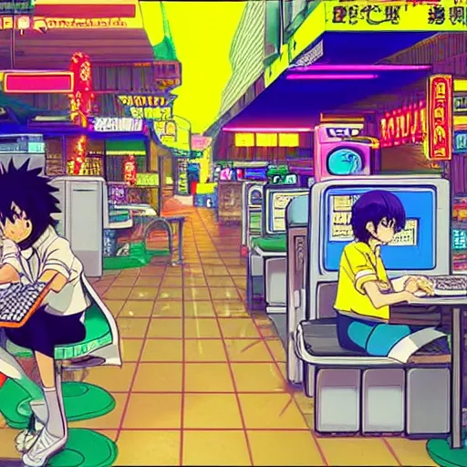 Image similar to seedy internet cafe, sprite, vaporwave nostalgia, directed by beat takeshi, visual novel cg, 8 0 s anime vibe, kimagure orange road, maison ikkoku, initial d, sketch by osamu tezuka, directed by makoto shinkai and beat takeshi, 4 k ultra hd