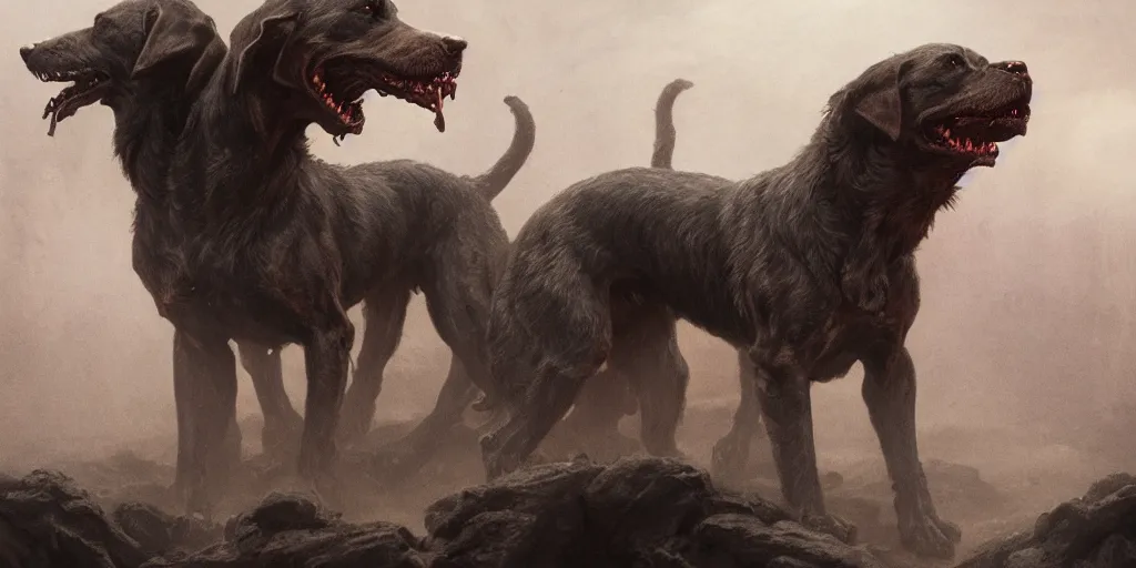 Image similar to cerberus the three headed hound at the gates of hell, greg rutkowski, 8 k, shallow depth of field, moody lighting, ultra high detail, concept art,