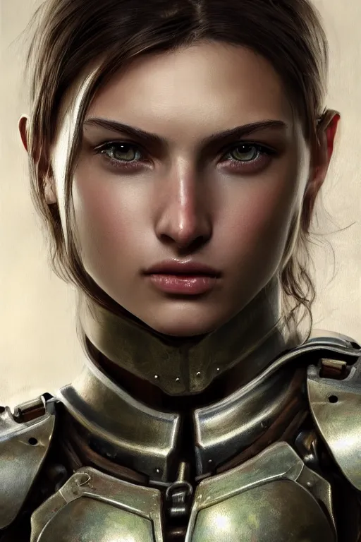 Prompt: a photorealistic painted portrait of an attractive young girl, partially clothed in dull metal-plated battle armor, olive skin, long dark hair, beautiful bone structure, symmetric facial features, perfect photorealistic eyes, natural physique, intricate, elegant, digital painting, concept art, finely detailed, beautifully illustrated, sharp focus, minimal artifacts, from Metal Gear, by Ruan Jia and Mandy Jurgens and Artgerm and William-Adolphe Bouguerea, in the style of Greg Rutkowski, trending on Artstation, award winning