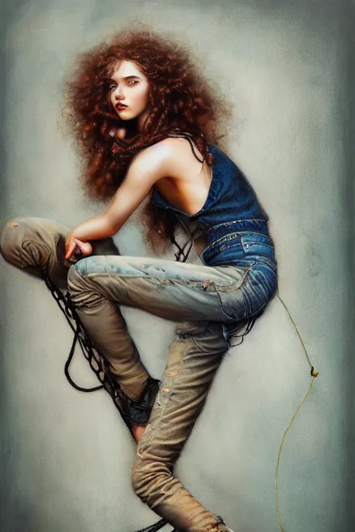 Image similar to a stunning ultra realistic fine art painting of a teenage female rock climber wearing loose jeans, blonde brunette curly hair, by tom bagshaw, studio portrait, vivid colors, detailed hair, 4K