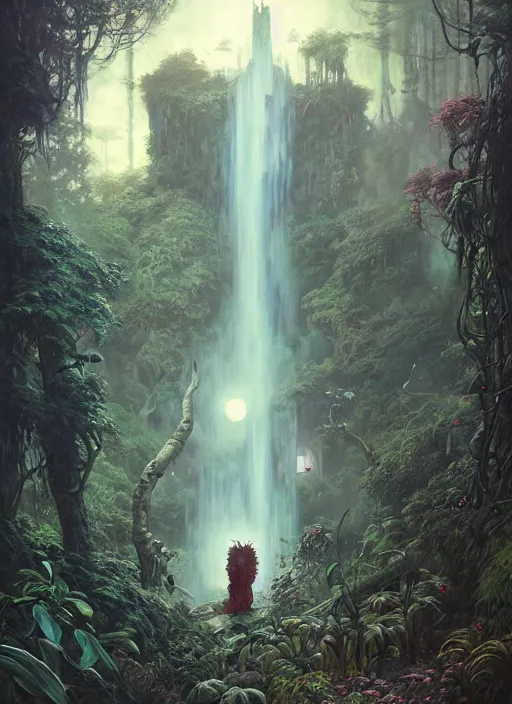 Prompt: a hyper realistic futuristic city witch shrine under a waterfall in the sunset, gorgeous lighting, lush forest foliage, painting by chiara bautista and tom bagshaw, muca beksinski and norman rockwell and greg rutkowski weta studio, and lucasfilm