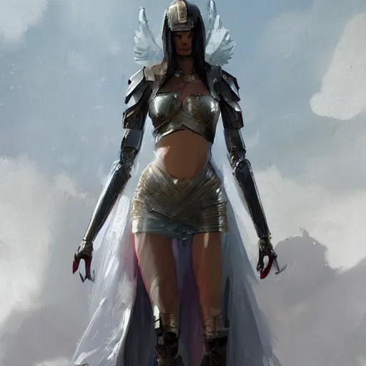 Prompt: angel in plastic armor, high fashion, pretty face, full body shot, well built, art by greg rutkowski