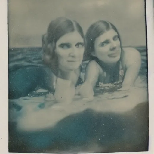 Image similar to tintype photo, underwater, mermaids swimming