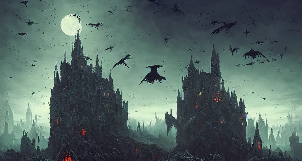 Prompt: floating flying castle with gothic architecture and swarms of tiny black specks, by Greg Rutkowski and Raphael Lacoste and Dan Mumford, detailed, volumetric lighting, swarms of ravens, sorcerous magic, dusk