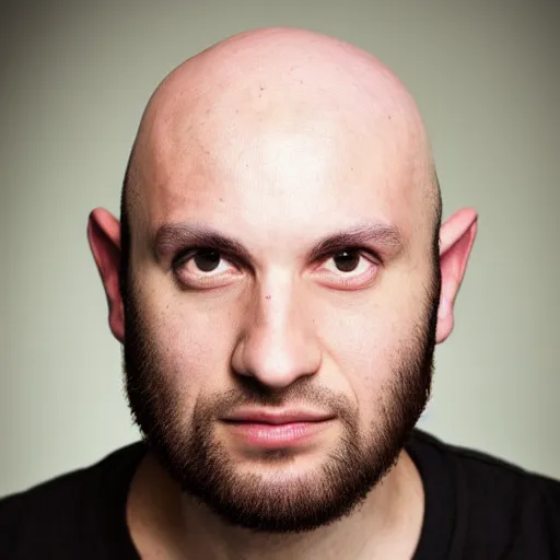 Image similar to High resolution!! Typical bald and evil experimental electronic musician profile picture, 8K, Canon