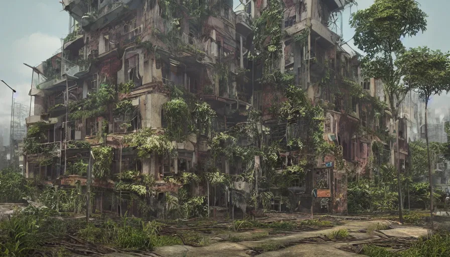 Image similar to Abandoned Building Overgrown by beautiful plants, Dystopian Slum, Hyperrealism, Hyperdetailed, Intricate Details, Anamorphic Lens, Cinematic Lighting, Volumetric Lights, Raytracing Reflections, Unreal Engine 5