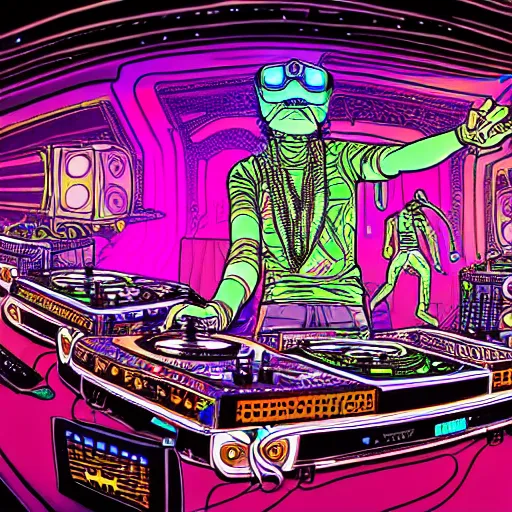 Prompt: intricate detailed artwork of a futuristic hardstyle music dj at an festival indoor rave, stage, in the style of Geof Darrow, VR headset, wires, speakers, neon