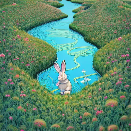 Image similar to rabbit burrow beside a flower lined river extremely detailed, sharp focus, wide view, full body shot, smooth, digital illustration, by james jean, by rossdraws, frank franzzeta, sakimichan