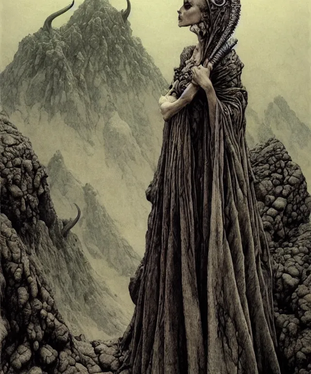 Prompt: A detailed woman with huge horns stands among the hills. Wearing a ripped mantle, robe. Perfect faces, extremely high details, realistic, fantasy art, solo, masterpiece, art by Zdzisław Beksiński, Arthur Rackham, Dariusz Zawadzki