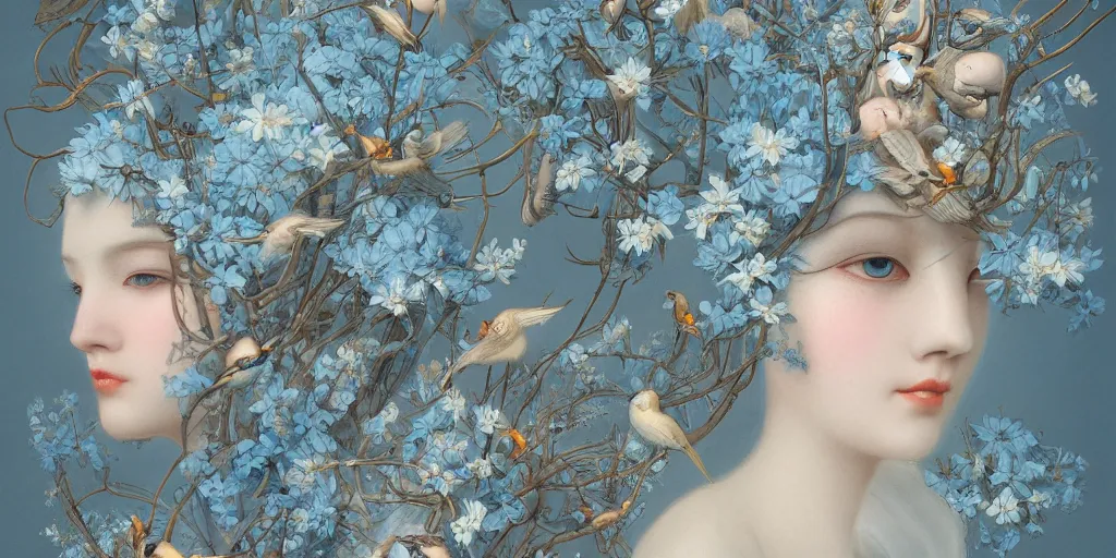 Image similar to breathtaking detailed concept art painting art deco pattern of blonde faces goddesses amalmation light - blue flowers with anxious piercing eyes and blend of flowers and birds, by hsiao - ron cheng and john james audubon, bizarre compositions, exquisite detail, extremely moody lighting, 8 k