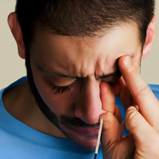 Prompt: visibly sad crying man pinching a ruler, high resolution photo