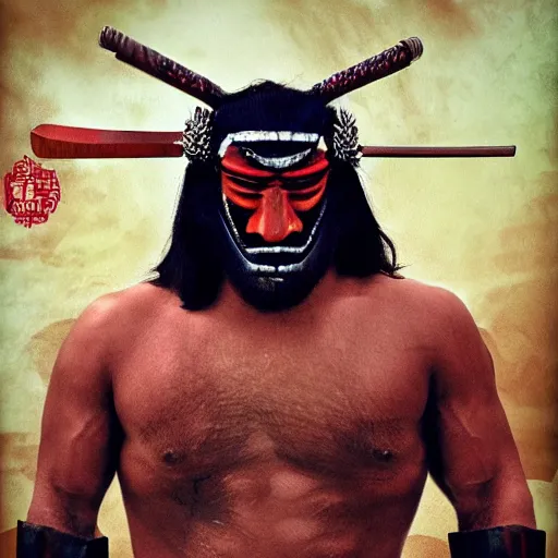 Image similar to big buff very strong very buff samurai wearing an oni mask, movie still