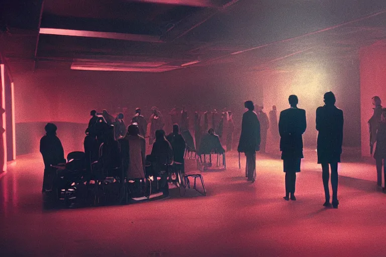 Image similar to a dark conference hall, half - occupied with people, atmospheric and obscure, red neon light, by roger deakins, cinematography, syd mead