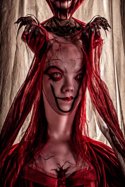 Image similar to dressed anya taylor - joy, a sinister demonic queen of cenobites, symmetrical, cinematic, elegant, demonic atmosphere, professional studio light, real dlsr photography, sharp focus, costume made by clive barker, real rotten flesh and blood, 4 k, ultra hd, sense of awe