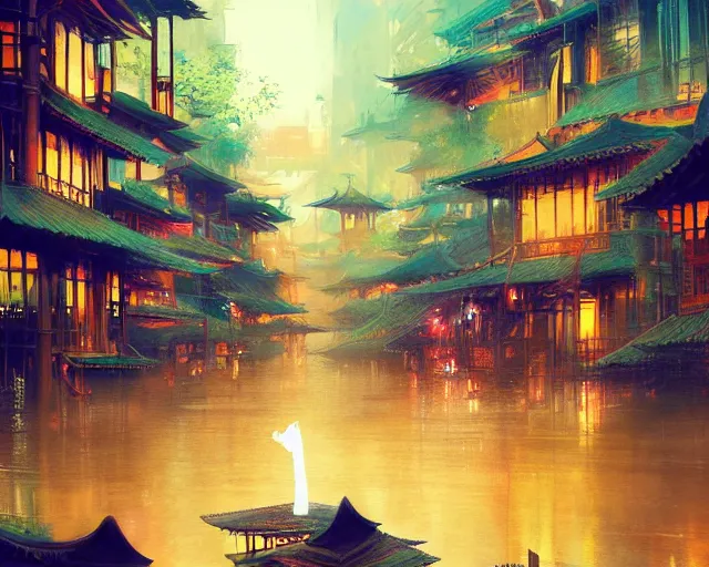 Prompt: great, vibrantly colored kitsune city, bamboo, fountain, a fantasy digital painting by Greg Rutkowski and James Gurney, trending on Artstation, highly detailed