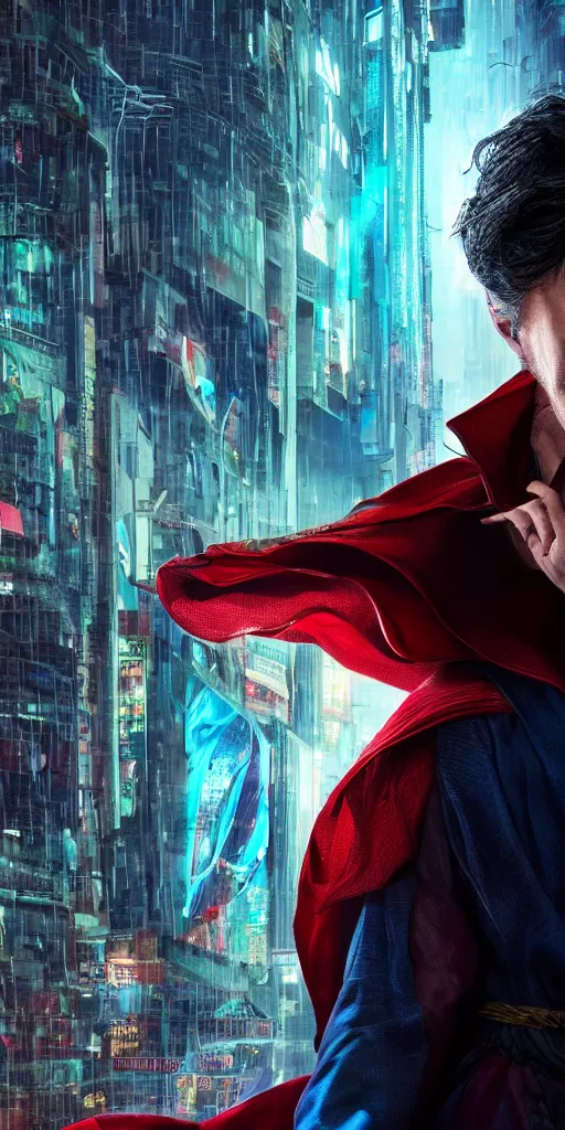 Image similar to cyberpunk, dr strange, photograph, cinematic,