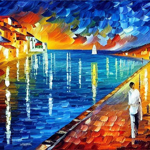 Image similar to beautiful seaside greek village in the style of leonid afremov