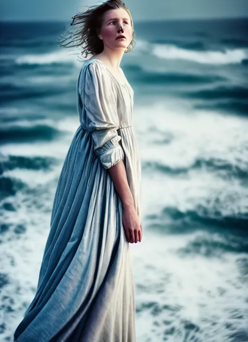 Image similar to cinestill 5 0 d half - length portrait photo portrait of a woman britt marling 3 / 4 style of nicholas fols, 1 5 0 mm, windy mood, dress in voile, mute dramatic colours, soft blur outdoor stormy sea background, volumetric lighting, hyper detailed, hyper realistic