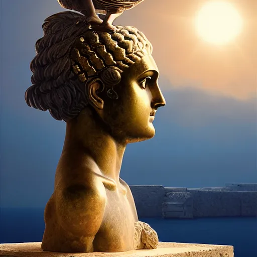 Prompt: greek ancient woman in bronze helmet standing on a giant greek ancient bearded man head, late afternoon light, greek temple of olympus glory island, wispy clouds in a blue sky, by frank lloyd wright and greg rutkowski and ruan jia