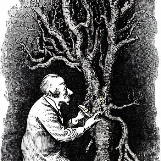 Image similar to tree with a human face smoking a cigarette, high detail, 1 9 th century illustration by john tenniel