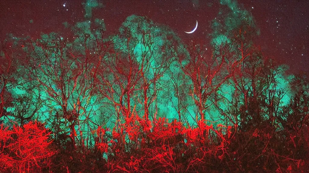 Image similar to (((psychedelic))) night time photography of a mystical cosmic night sky with red smoke and a perfect huge moon, A glimpse through a small gap in the dark green foliage and overgrowth and the trees of the huge gibbous moon over water in a dark sky. wreathed in red smoke!!!!, starlight, night-time, dark enclosed, cozy, quiet forest night scene, spangled, cosmic