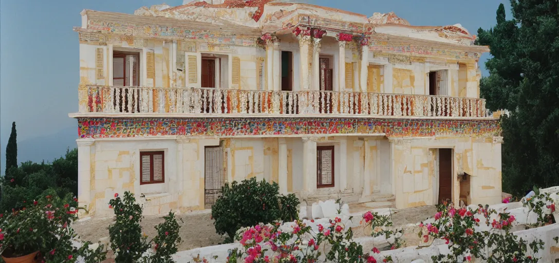 Image similar to large house in greece with multicolored portuguese tiles. photographed by wes anderson. fujinon premista 1 9 - 4 5 mm t 2. 9. portra 8 0 0.