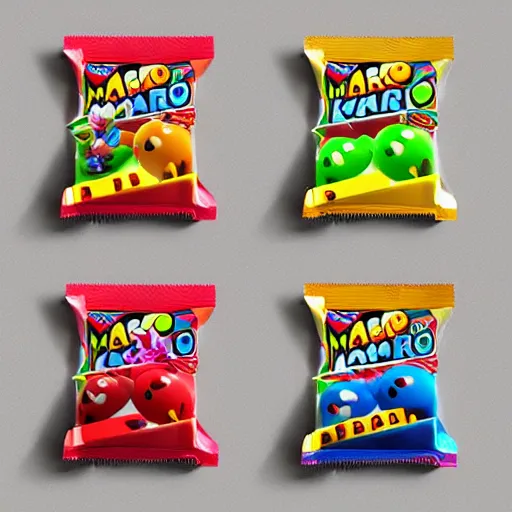 Prompt: Mario Kart Double Dash gummy candy bag. Creative unique sweets product design.