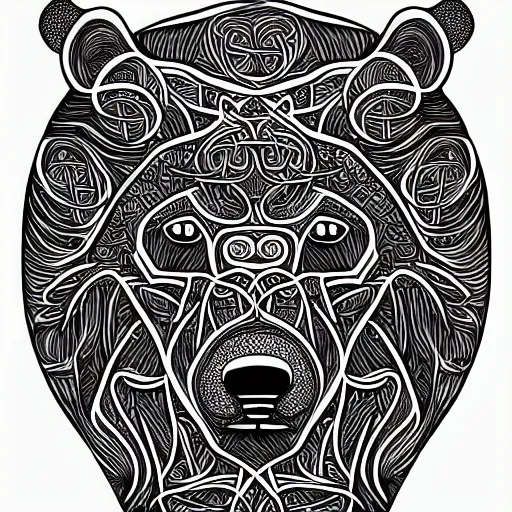 Image similar to an intricate grizzly bear designed by mc escher, line art, celtic, illustration, dynamic image