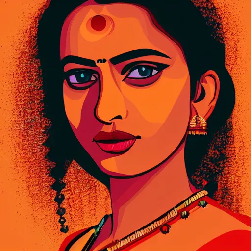 Image similar to a portrait of an indian woman, in retro colors, synthwave style, 2 d digital vector art