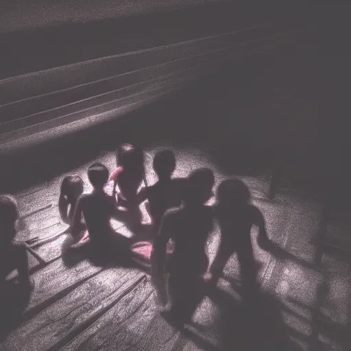 Image similar to Little devil crowd in the attic, dark, shadows, night, 8k Photography