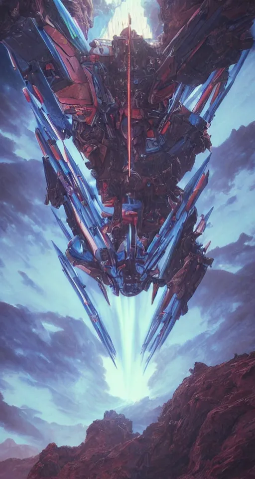 Image similar to realistic portrait beautiful detailed 3 d painting of cinematic movie scene, voltes v build up in sahara dessert. action sequence, created by gustave dore and greg rutkowski, high detailed, smooth draw, synthwave neon retrofuturism, intricate, realistic proportions, dramatic lighting, trending on artstation.