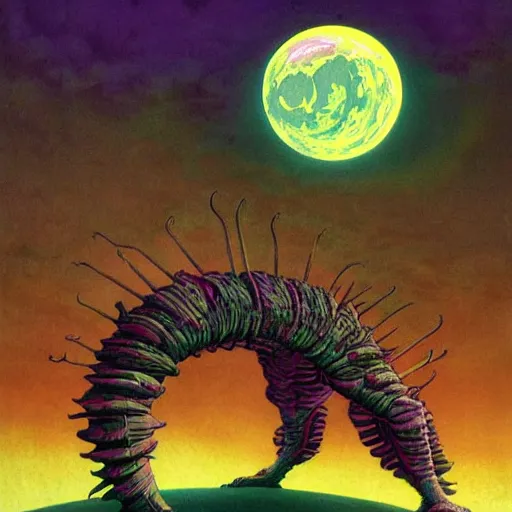 Prompt: colossal bones - like husk creature cosmic moon god setting over vast purple red yellow green landscapes, gerald brom, phillipe druillet, moebius, dan mumford