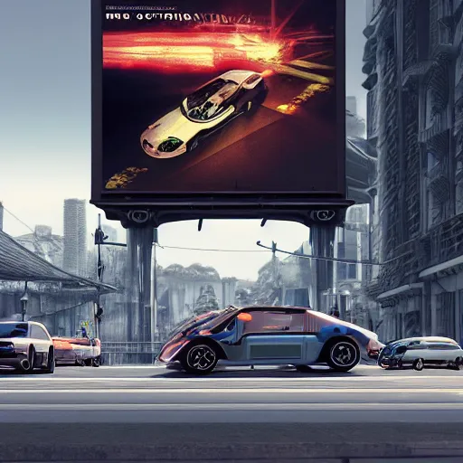 Image similar to car race sci-fi wall structure on the coronation of napoleon painting and digital billboard in the middle, unreal engine 5, keyshot, octane, artstation trending, ultra high detail, ultra realistic, cinematic, 8k, 16k, in style of zaha hadid, in plastic, dark, tilt shift,