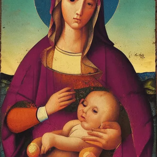 Image similar to christian art, mary holding a large pile of candy