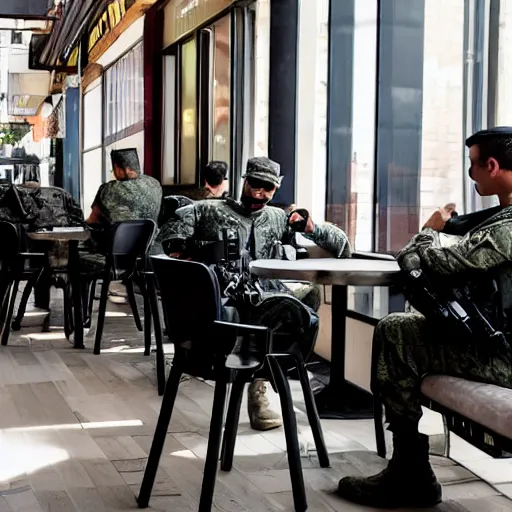 Image similar to special forces soldiers in black suits sitting at the cafe and drinking coffee