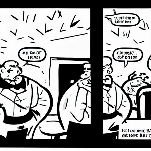 Prompt: A black and white comic strip about a large man making an order at a restaurant