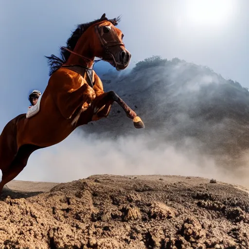 Image similar to horse jumping in heavy pyroclastic flow with dense fog and sun rays. wide angle lens. 4 k