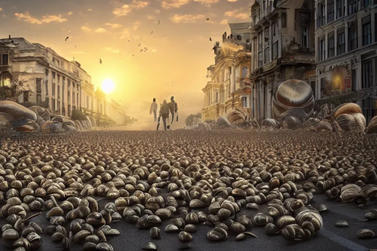 Prompt: a city invaded by 1 0 meters snails, huge snails, sunset, atmospheric lighting, 5 0 0 px, people running in fear, chaos, screaming