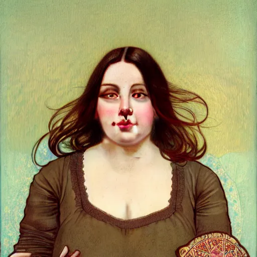 Prompt: A portrait of a plump woman, a cute art neuveau woman with brown hair in a Bob, no bangs, brown eyes, full face, olive skin, romanian heritage, medium shot, mid-shot, hyperdetailed, 8k, by mucha