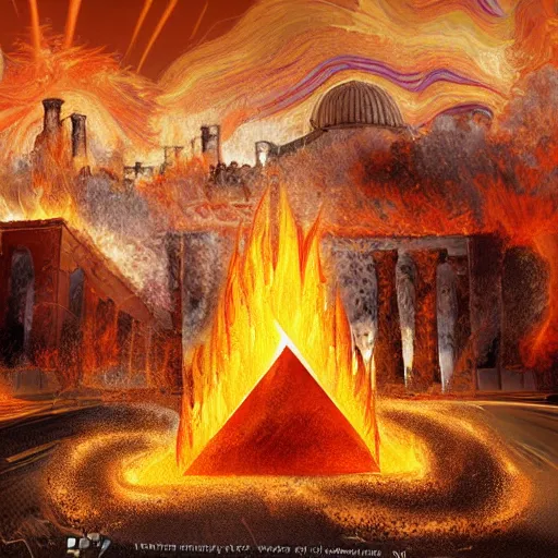 Prompt: digital art of fire and hail destroy a 4000BC middle eastern town, frightening, terrifying, divine, golden ratio, f32, well composed, cohesive