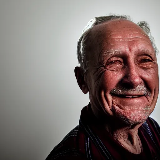 Image similar to an smiling old man standing in the dark with dramatic lighting
