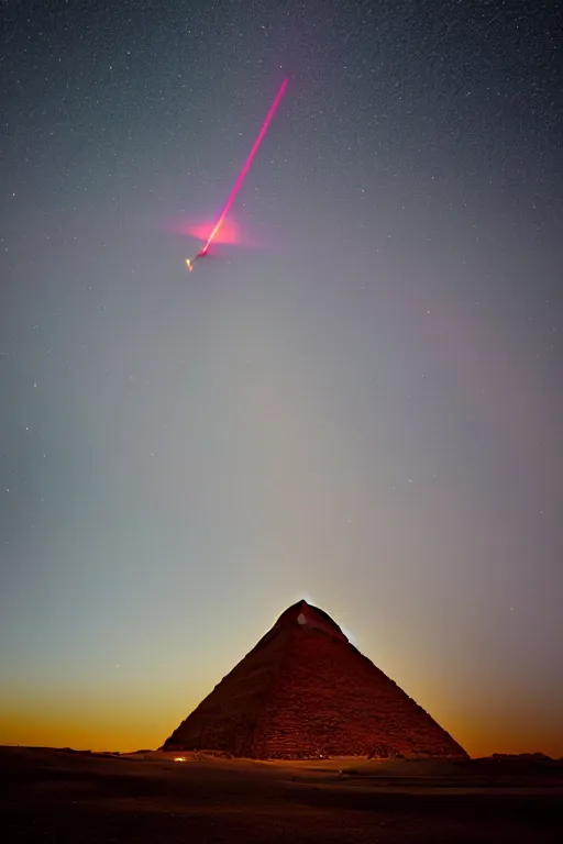 Image similar to egyptian pyramid is shooting tall laser beam in space from the top of the cone, photo by Marc Adamus,