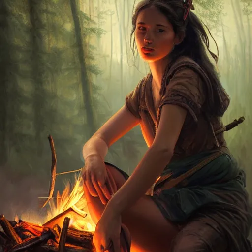 Image similar to epic portrait a scout woman sitting by campfire, beauty, pretty face, glossy skin, glowing, digital painting, artstation, concept art, soft light, hdri, smooth, sharp focus, illustration, fantasy, intricate, elegant, highly detailed, D&D, matte painting, in the style of Greg Rutkowski and Alphonse Mucha and artemisia, 8k, highly detailed, jurgens, rutkowski, bouguereau, pastoral, rustic, georgic