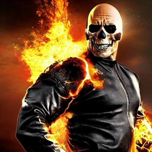 Prompt: dwayne johnson as ghost rider, showing his skull, gta cover art