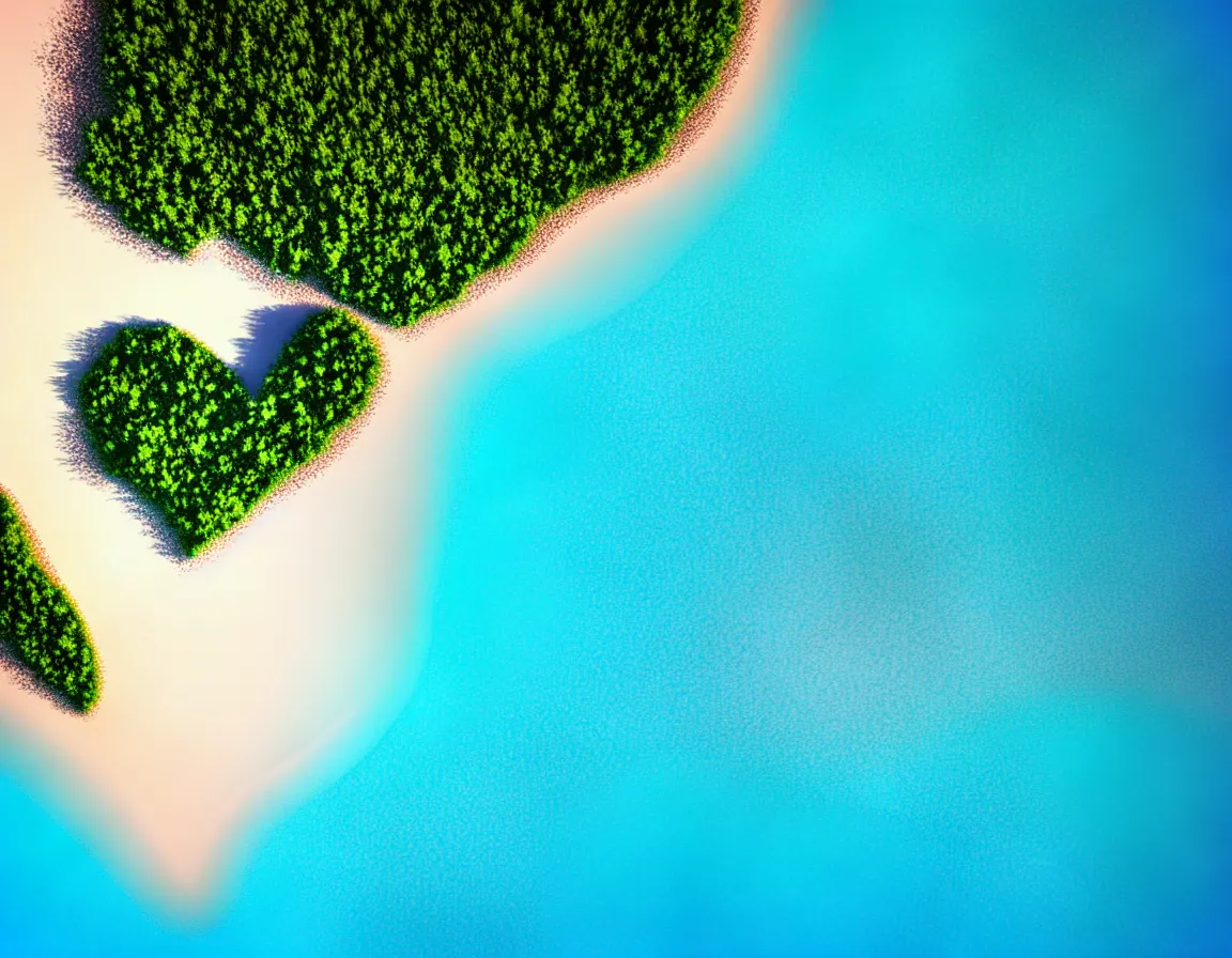 Prompt: telephoto shot of 3 d rendered realistic exotic tree heart / shaped sandy beach island with blue lagoon, sunset lighting with fluffy clouds over horizon