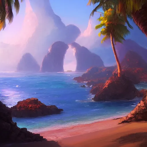 Prompt: a painting of a tropical island, a matte painting by jordan grimmer, cgsociety, fantasy art, matte painting, unreal engine 5