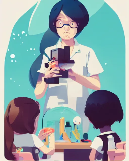 Image similar to a little girl is doing a science experiment. clean cel shaded vector art. minimalist illustration art by lois van baarle, artgerm, helen huang, by makoto shinkai and ilya kuvshinov, rossdraws