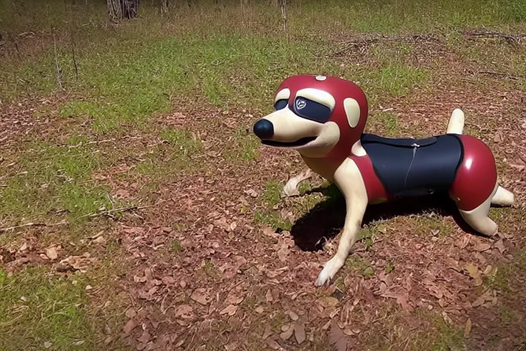 Image similar to trail cam footage of a humanoid hot dog with arms and legs